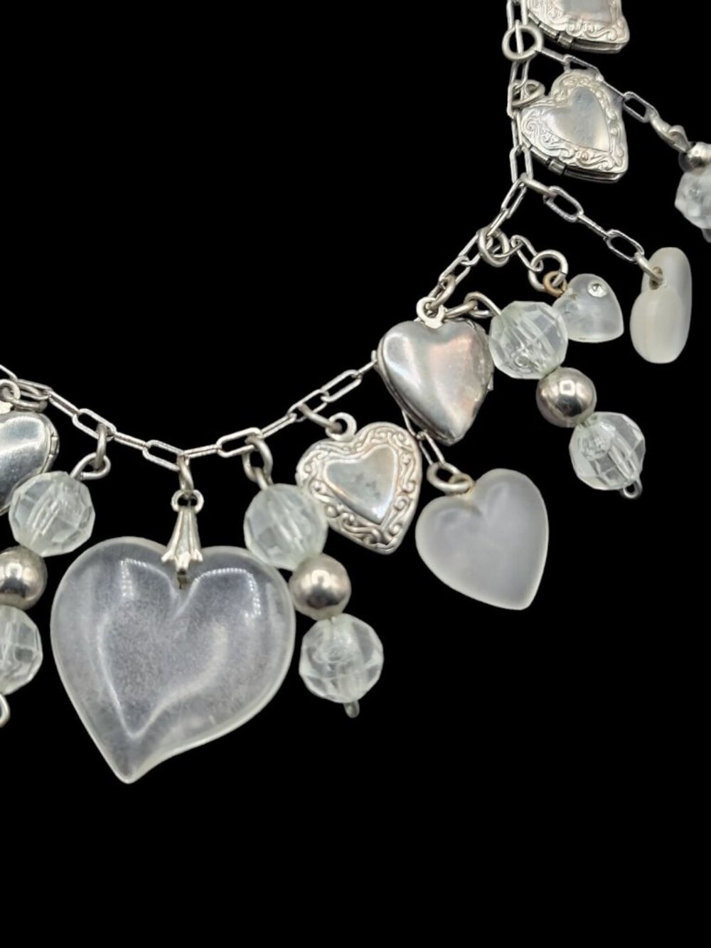 Love Choker Necklace 16" Frost Glass 8 Silver Plated Double Photo Locket Charms - Picture 7 of 15